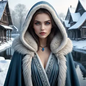 A beautiful Romanian vampire, in a snow-covered village, wearing a fur-lined cloak, with a haunting gaze, standing near a frozen river, icy blue tones, serene yet foreboding, detailed facial features, emotional depth