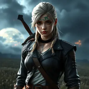 Young Ciri from The Witcher 3 with dragon-themed tattoos on her face and arms, wearing a leather jacket, standing in a stormy battlefield, dramatic lighting, ultra-detailed, 8K