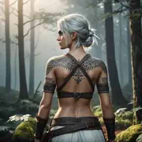 Ciri from The Witcher 3 with intricate tribal tattoos covering her arms and back, standing in a misty forest, cinematic lighting, hyper-realistic, 8K resolution