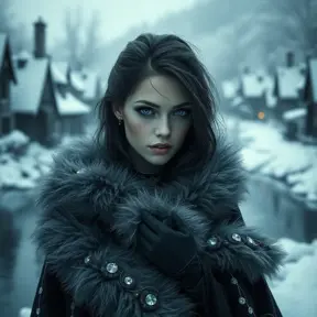 A beautiful Romanian vampire, in a snow-covered village, wearing a fur-lined cloak, with a haunting gaze, standing near a frozen river, icy blue tones, serene yet foreboding, detailed facial features, emotional depth