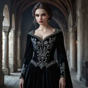 A beautiful Romanian vampire, standing in a Transylvanian castle, wearing a flowing, dark velvet gown with intricate embroidery, pale skin, red eyes, moonlight casting eerie shadows, gothic atmosphere, hyper-realistic, 8K resolution