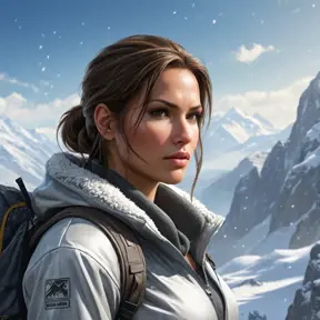 Lara Croft, in a snowy mountain landscape, wearing a winter outfit with climbing gear, looking out over a vast valley, soft snowfall, serene atmosphere, realistic details, emotional depth