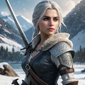 Ciri from The Witcher 3 with warrior tattoos symbolizing her journey, wielding a sword in a snowy landscape, intense focus, cinematic lighting, ultra-detailed, 8K