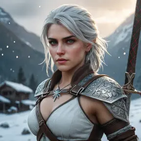 Ciri from The Witcher 3 with warrior tattoos symbolizing her journey, wielding a sword in a snowy landscape, intense focus, cinematic lighting, ultra-detailed, 8K