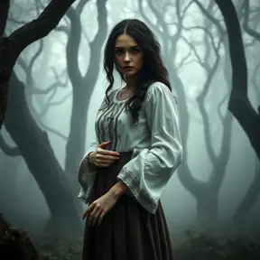 A beautiful Romanian vampire, in a misty forest, wearing a traditional Romanian blouse with a long skirt, holding a silver cross, surrounded by ancient trees, foggy ambiance, mysterious and alluring, high detail, cinematic lighting