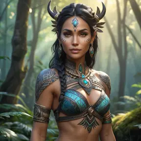 Nidalee, the Shaman Queen, adorned with intricate tribal tattoos on her chest and back, standing in a mystical forest, ethereal glow, soft focus, fantasy art style