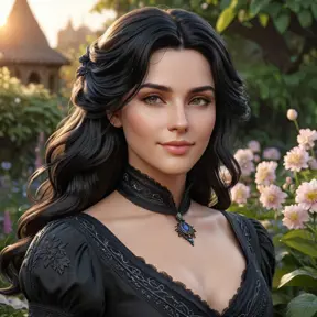 Yennefer, in a serene garden at sunset, with blooming flowers and a gentle breeze, her expression soft and serene, with a gentle smile, her hair gently flowing, ultra-realistic, 8k