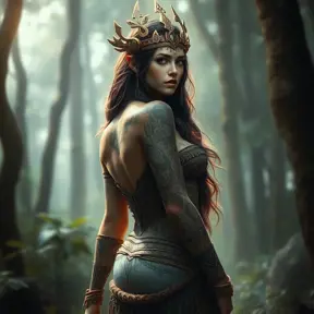 Nidalee, the Shaman Queen, adorned with intricate tribal tattoos on her chest and back, standing in a mystical forest, ethereal glow, soft focus, fantasy art style