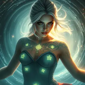 Ciri from The Witcher 3 with mystical rune tattoos glowing on her skin, floating in a magical vortex, ethereal atmosphere, soft lighting, hyper-realistic, 8K