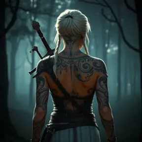 Ciri from The Witcher 3 with intricate tribal tattoos covering her arms and back, standing in a misty forest, cinematic lighting, hyper-realistic, 8K resolution