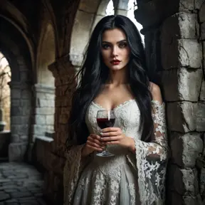 A beautiful Romanian vampire, in a dimly lit crypt, wearing a tattered lace dress, with long, flowing black hair, holding a goblet of blood, stone walls covered in moss, eerie glow, dramatic shadows, gothic horror style