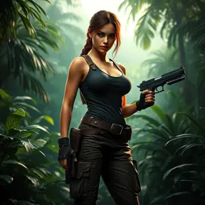 Lara Croft, standing in a lush jungle, wearing her iconic dual pistols and cargo pants, with a determined expression, cinematic lighting, hyper-realistic, 8K resolution, dynamic composition