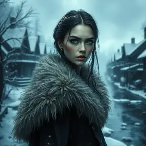 A beautiful Romanian vampire, in a snow-covered village, wearing a fur-lined cloak, with a haunting gaze, standing near a frozen river, icy blue tones, serene yet foreboding, detailed facial features, emotional depth