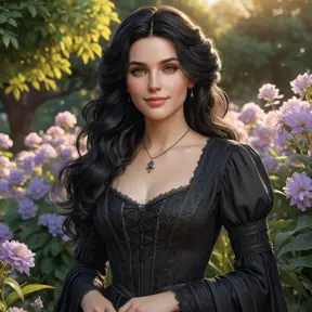 Yennefer, in a serene garden at sunset, with blooming flowers and a gentle breeze, her expression soft and serene, with a gentle smile, her hair gently flowing, ultra-realistic, 8k