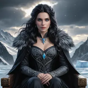 Yennefer, sitting on a throne of ice, her eyes glowing with magical power, with a backdrop of a frozen landscape and a stormy sky, her expression cold and commanding, ultra-realistic, 8k