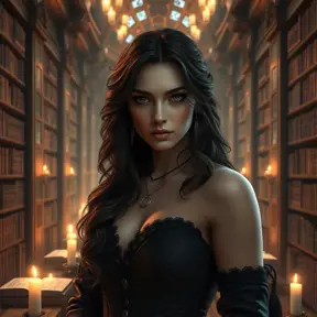 Yennefer, in a grand, candlelit library, surrounded by ancient tomes and glowing magical runes, her expression contemplative and powerful, with a soft, ethereal glow highlighting her features, ultra-realistic, 8k