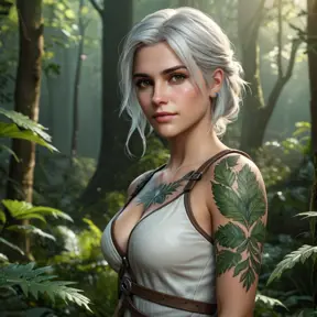 Ciri from The Witcher 3 with nature-inspired tattoos blending with her surroundings, standing in a lush, enchanted forest, soft ambient lighting, hyper-realistic, 8K resolution