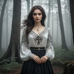 A beautiful Romanian vampire, in a misty forest, wearing a traditional Romanian blouse with a long skirt, holding a silver cross, surrounded by ancient trees, foggy ambiance, mysterious and alluring, high detail, cinematic lighting