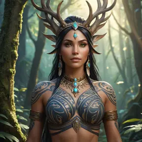 Nidalee, the Shaman Queen, adorned with intricate tribal tattoos on her chest and back, standing in a mystical forest, ethereal glow, soft focus, fantasy art style