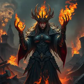 A Fire Sorceress stands in the midst of a ruined city, her power having laid waste to everything around her. Her eyes are pits of swirling fire, and her voice is a deep, rumbling growl that echoes through the air. She wears a crown of twisted, burning metal, and her armor is made of blackened, scorched steel. Flames lick at her fingertips as she raises her hands, ready to unleash another wave of destruction upon the world.