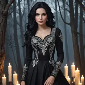 A mesmerizing Yennefer with a sultry gaze and a confident posture, wearing a sleek, black dress with intricate silver embroidery, surrounded by floating candles and a backdrop of a mystical forest at twilight