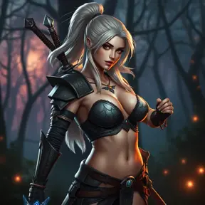 Ciri, the White Wolf, in a sultry, warrior-like pose, clad in a revealing yet practical armor that highlights her athletic build. Her hair is styled in a sleek, high ponytail, and she wields a glowing, enchanted sword. The background is a mystical forest at twilight, with ethereal lights dancing around her.