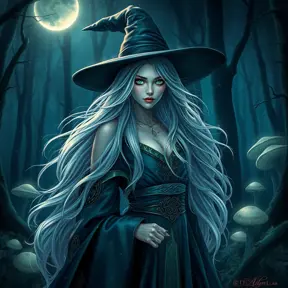 A beautiful witch with long, flowing silver hair and piercing emerald eyes, standing in a moonlit forest with glowing mushrooms and a crescent moon overhead, her robes shimmering with stardust and ancient runes