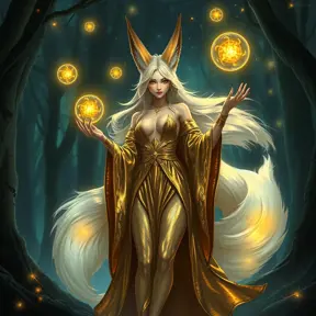 Ahri, the enchanting fox mage, with her tails flowing like silk behind her, dressed in a revealing, shimmering robe that seems to be made of liquid gold, standing in a magical, bioluminescent forest, with glowing orbs of energy floating around her.