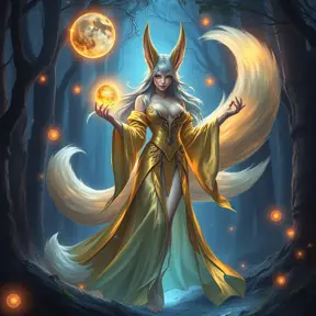 Ahri, the enchanting fox mage, with her tails flowing like silk behind her, dressed in a revealing, shimmering robe that seems to be made of liquid gold, standing in a magical, bioluminescent forest, with glowing orbs of energy floating around her.