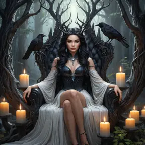 A stunning witch with raven-black hair and alabaster skin, sitting on a throne made of twisted roots in a dark, enchanted forest, surrounded by floating candles and glowing crystals