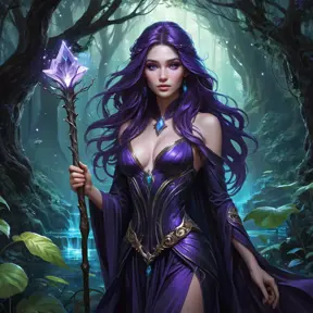 A mysterious witch with deep violet eyes and hair that cascades like a waterfall of ink, standing in a hidden glade filled with bioluminescent plants, her staff topped with a glowing crystal that pulses with ancient magic