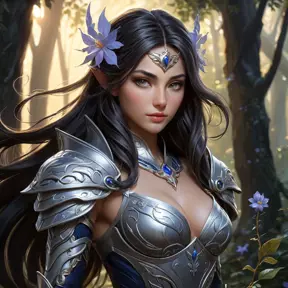 Irelia, the graceful warrior, is depicted in a serene yet foreboding forest at twilight. Her form is a blend of elegance and menace, with vines and flowers intertwining with her armor, yet her eyes hold a cold, determined stare. The background is a mix of soft, glowing flora and twisted, shadowy trees.