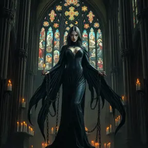 Morgana is shown in a grand, ancient cathedral, her presence both beautiful and terrifying. The stained glass windows behind her depict scenes of torment and despair, and her form is illuminated by the eerie, flickering light of candles. Her chains are wrapped around the pillars, binding them with an unbreakable force.