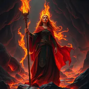 A Fire Sorceress stands in a cavern filled with molten rock and rivers of lava, her presence causing the temperature to rise to unbearable levels. Her skin is a deep, fiery red, and her eyes are like two burning coals. She wears a cloak made of living flames that shift and change shape as she moves. In her hand, she holds a staff that crackles with energy, and as she raises it, the lava around her begins to bubble and surge, as if responding to her command.