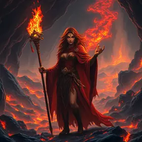 A Fire Sorceress stands in a cavern filled with molten rock and rivers of lava, her presence causing the temperature to rise to unbearable levels. Her skin is a deep, fiery red, and her eyes are like two burning coals. She wears a cloak made of living flames that shift and change shape as she moves. In her hand, she holds a staff that crackles with energy, and as she raises it, the lava around her begins to bubble and surge, as if responding to her command.