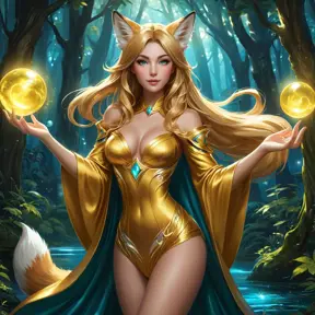 Ahri, the enchanting fox mage, with her tails flowing like silk behind her, dressed in a revealing, shimmering robe that seems to be made of liquid gold, standing in a magical, bioluminescent forest, with glowing orbs of energy floating around her.