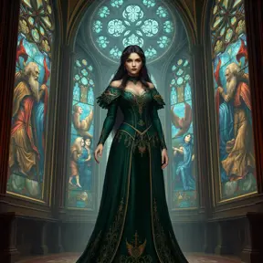 A enchanting Yennefer with hair like obsidian and eyes that sparkle with arcane knowledge, dressed in a regal, dark green gown with gold accents, standing in a grand hall with towering stained glass windows depicting ancient legends