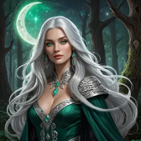 A beautiful witch with long, flowing silver hair and piercing emerald eyes, standing in a moonlit forest with glowing mushrooms and a crescent moon overhead, her robes shimmering with stardust and ancient runes