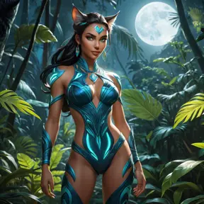 A captivating Nidalee, her feline form exuding an aura of primal allure, stands in a moonlit jungle clearing. She is dressed in a sleek, form-fitting outfit that highlights her exotic beauty, with intricate tribal patterns adorning her skin. Her eyes glow with a mysterious light, and the background is a lush, tropical forest with bioluminescent plants casting a soft, ethereal glow.