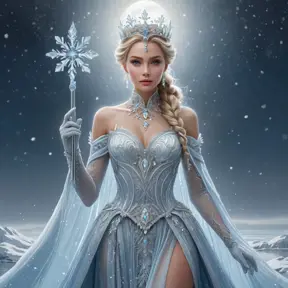 A majestic Ice Queen standing on a frozen lake, her gown made of shimmering ice crystals that reflect the moonlight, with intricate snowflake patterns adorning her crown and scepter, surrounded by a swirling mist of frost and snowflakes.