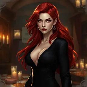 A seductive Triss Merigold with flowing red hair, dressed in a form-fitting, deep-cut black dress, standing in a dimly lit tavern with flickering candlelight casting shadows on her face, her eyes smoldering with a mix of mystery and allure.