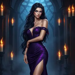 A seductive Yennefer with raven-black hair cascading over her shoulders, dressed in a form-fitting, deep purple gown that accentuates her curves, standing in a candlelit chamber with enchanted flames dancing around her