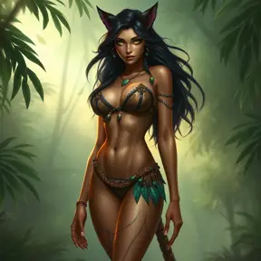 Nidalee, the seductive huntress, stands confidently in a misty jungle clearing. Her body is a perfect blend of human and feline, with sleek muscles and a graceful posture. She wears a revealing, tribal-inspired outfit adorned with feathers and beads, and her eyes are a mesmerizing shade of emerald. The air around her shimmers with an otherworldly energy.