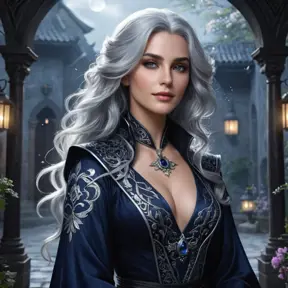 A alluring Yennefer with silver hair flowing like a waterfall, dressed in a shimmering, midnight blue robe adorned with silver runes, standing in a moonlit courtyard with swirling mist and glowing flowers