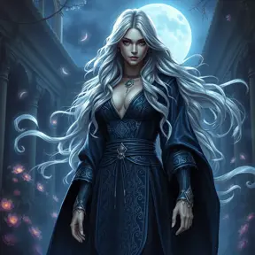 A alluring Yennefer with silver hair flowing like a waterfall, dressed in a shimmering, midnight blue robe adorned with silver runes, standing in a moonlit courtyard with swirling mist and glowing flowers