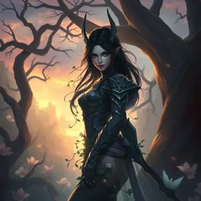 Irelia, the graceful warrior, is depicted in a serene yet foreboding forest at twilight. Her form is a blend of elegance and menace, with vines and flowers intertwining with her armor, yet her eyes hold a cold, determined stare. The background is a mix of soft, glowing flora and twisted, shadowy trees.