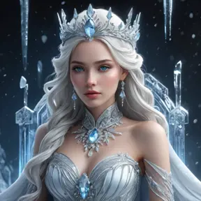 An ethereal Ice Queen seated on a throne of ice, her skin pale as snow, eyes glowing with a cold, blue light, her hair flowing like a cascade of frozen silver, with icicles hanging from her crown and a frosty aura emanating from her presence.