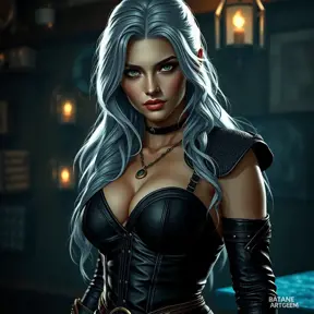 A seductive Ciri from The Witcher, with her silver hair cascading in loose waves, wearing a form-fitting, dark leather outfit that accentuates her curves. Her piercing green eyes are filled with a mix of determination and allure, as she stands in a dimly lit, medieval tavern, with a flickering candle casting shadows on her face.