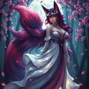 A seductive Ahri, the Nine-Tailed Fox, with mesmerizing eyes that glow like embers, her fur a blend of deep reds and purples, draped in a flowing, ethereal gown that shimmers with starlight, standing in a moonlit forest with cherry blossom petals swirling around her.