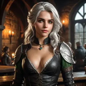 A seductive Ciri from The Witcher, with her silver hair cascading in loose waves, wearing a form-fitting, dark leather outfit that accentuates her curves. Her piercing green eyes are filled with a mix of determination and allure, as she stands in a dimly lit, medieval tavern, with a flickering candle casting shadows on her face.